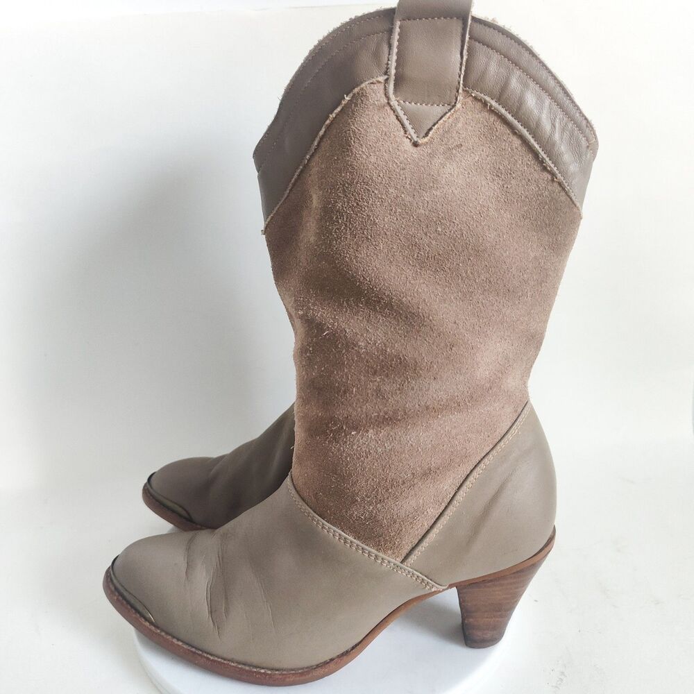 Vintage Neutral Suede Leather Pull On Boho Ankle Boots Size 6.5 Western Mid-Calf - Picture 4 of 11